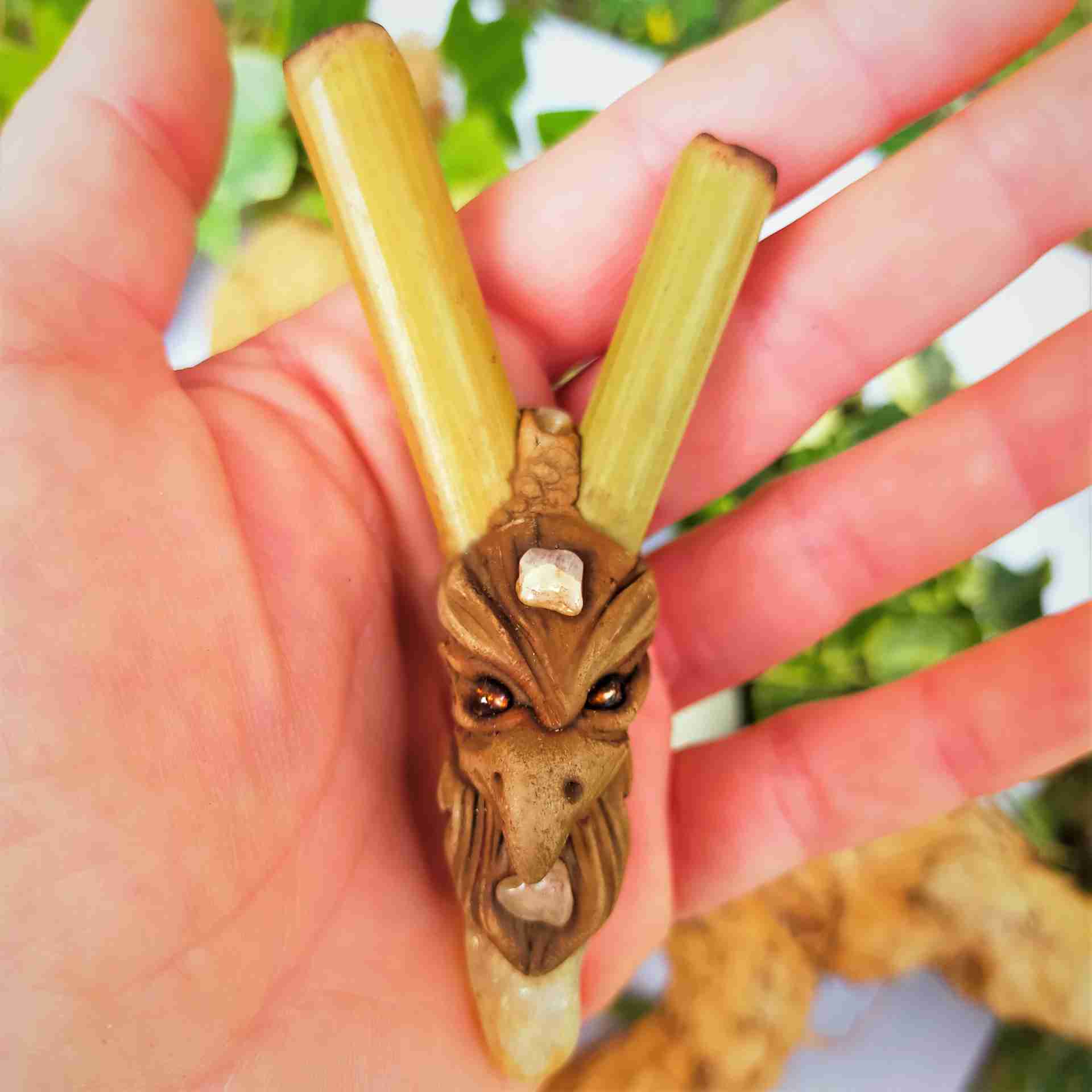 Kuripe de Bambu Totem ÁGUIA Amuleto com pedras poderosas