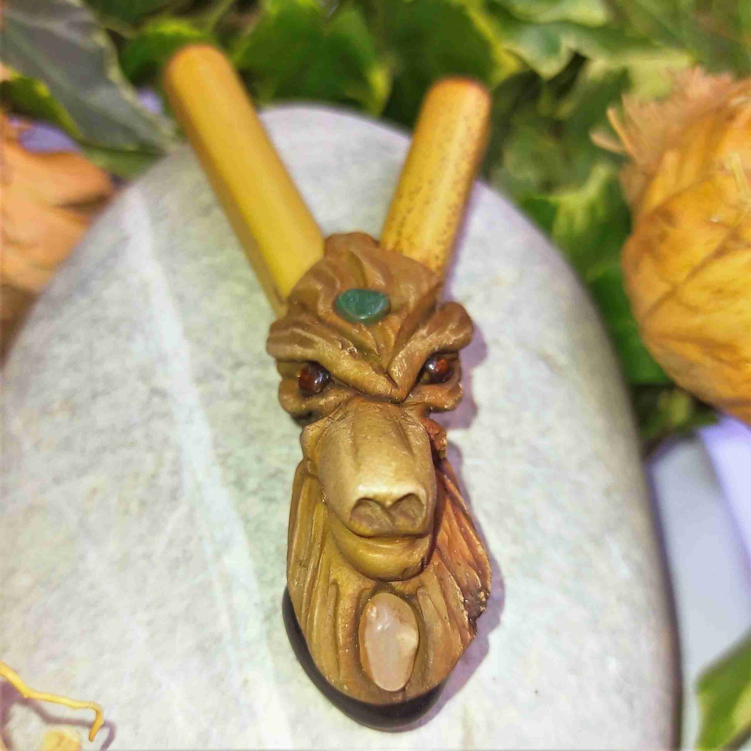 Kuripe de Bambu Totem do LOBO Amuleto com Pedras poderosas